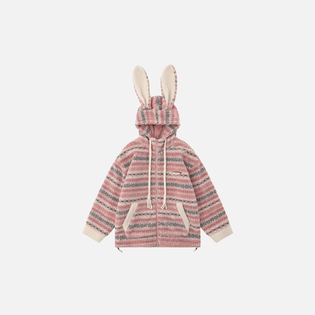 Weiches, gestreiftes Winter-Kapuzensweatshirt mit Cartoon-Hasenmotiv