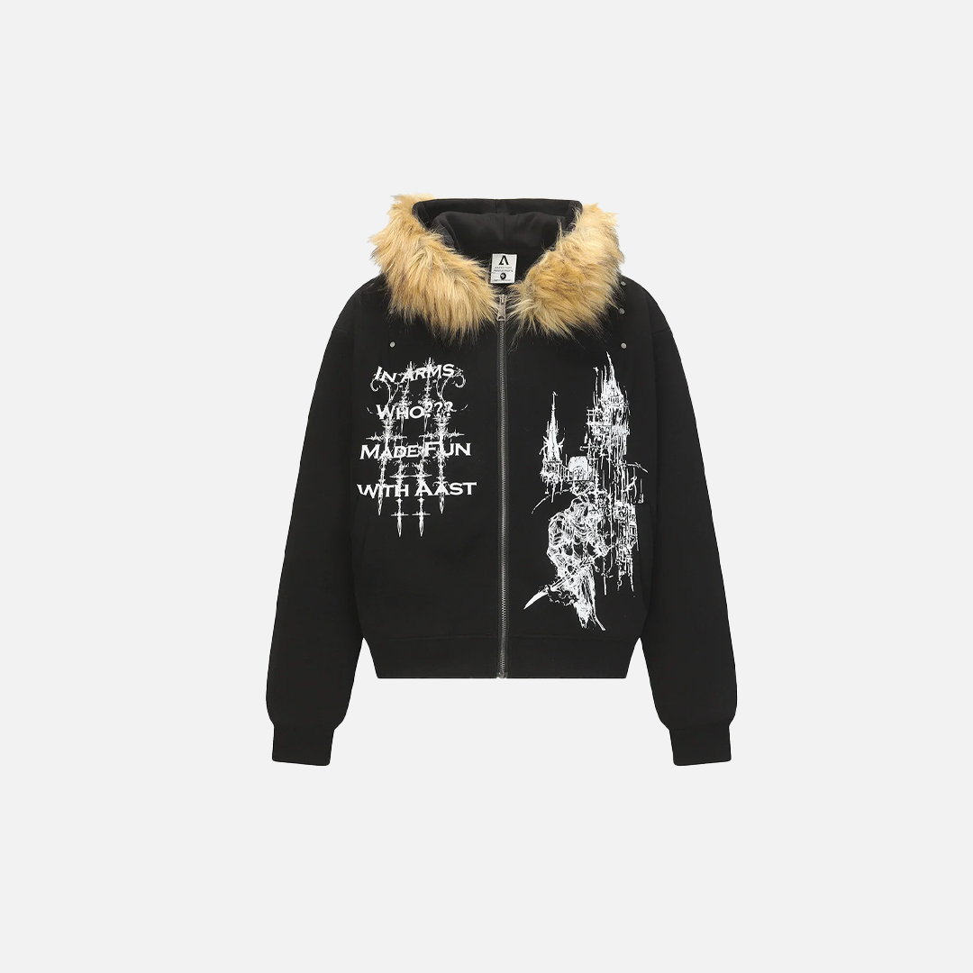 Y2K Retro Graffiti Kapuzenpullover mit Reißverschluss und Pelzkragen
