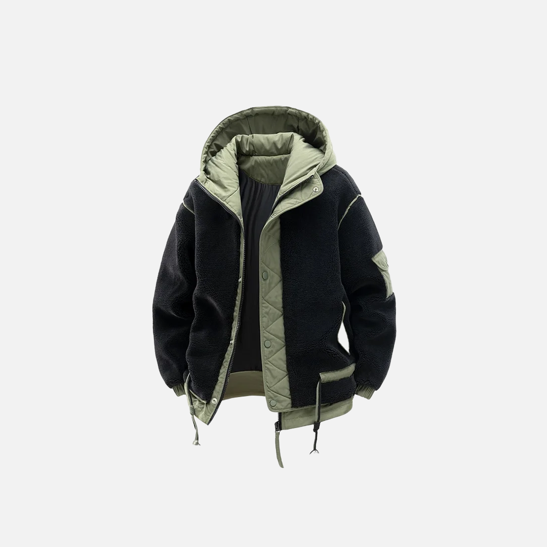 Farbcodierte, dicke Polar-Fleecejacke mit losem Fell