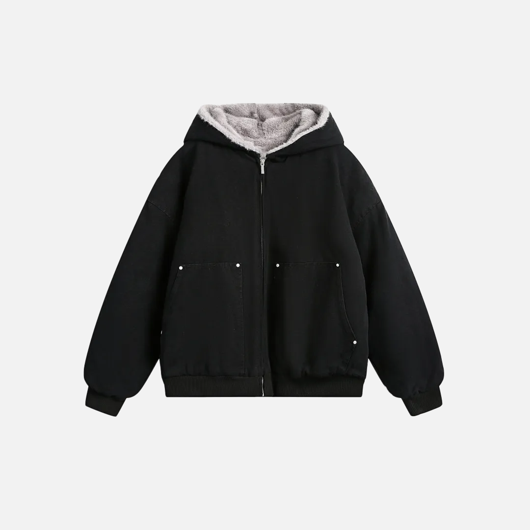 Einzigartige gesteppte Retro-Winter-Cargojacke mit Pelzbesatz