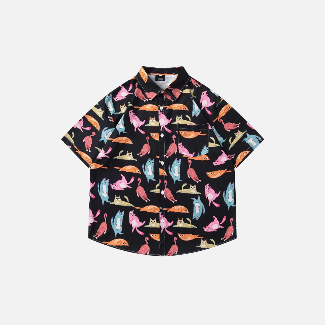 Flattering Funny Cartoon Cat Beach Button Shirt