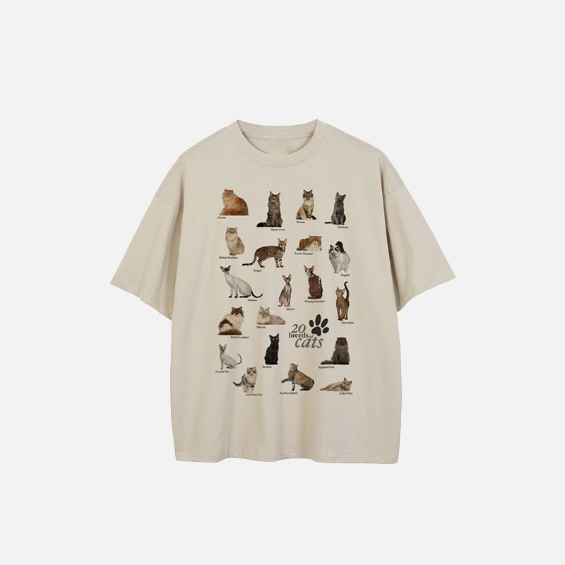 T-shirt graphique représentant différentes races de chats