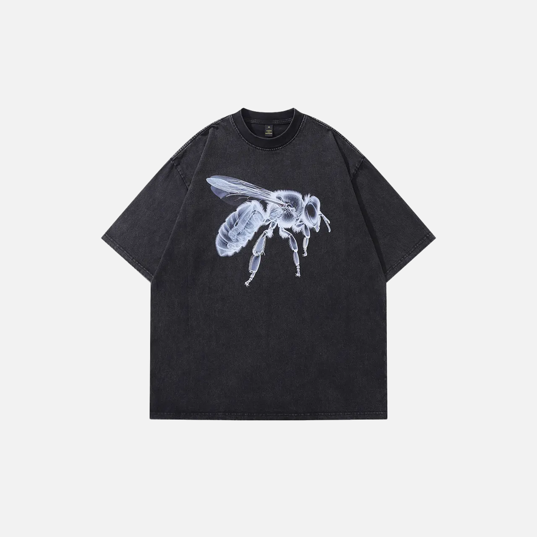 T-shirt oversize vintage noir délavé à motif abeille et microscope
