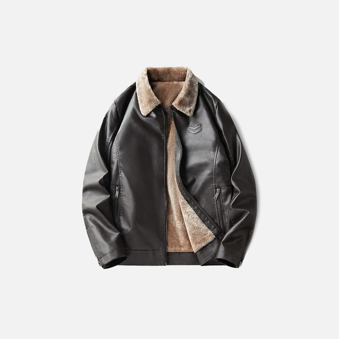 Dick mit Fleece gefütterte Lederjacke mit Pelzkragen