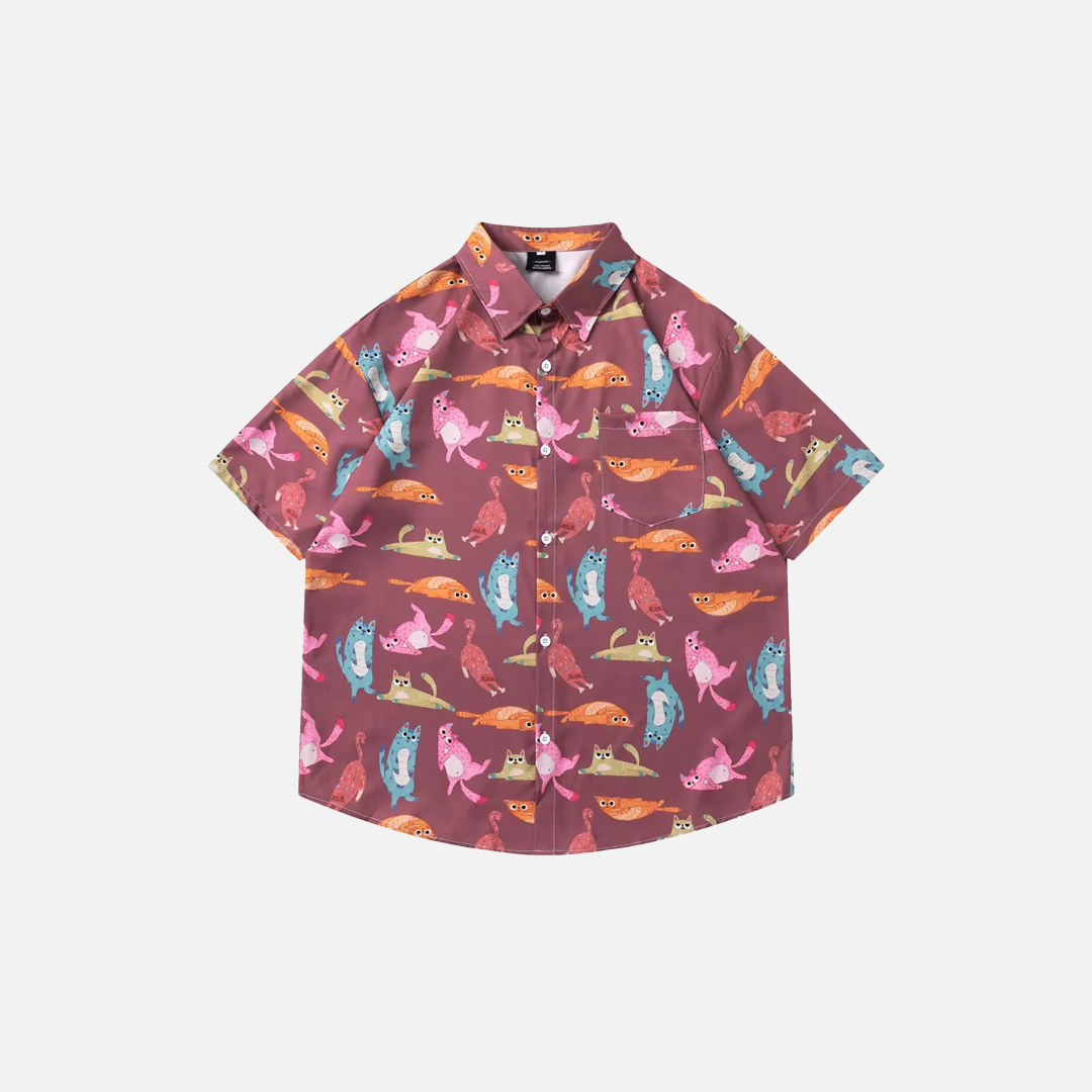 Flattering Funny Cartoon Cat Beach Button Shirt