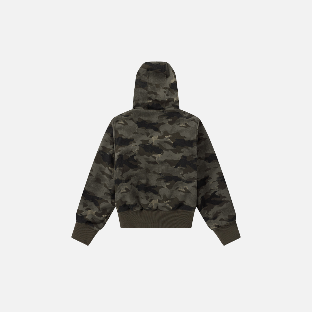 Kapuzenjacke aus Kaschmir mit Camouflage-Futter und Kunstpelzbesatz