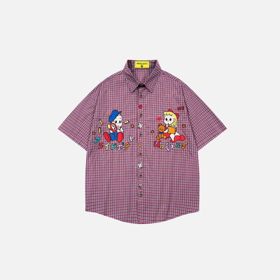 Cool Cartoon Embroidered Plaid Short-Sleeved Shirt