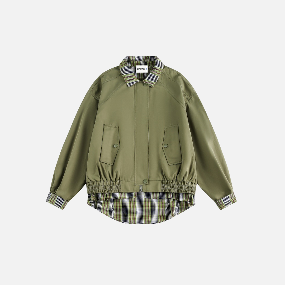 Chemise patchwork à carreaux décontractée, veste à faux col
