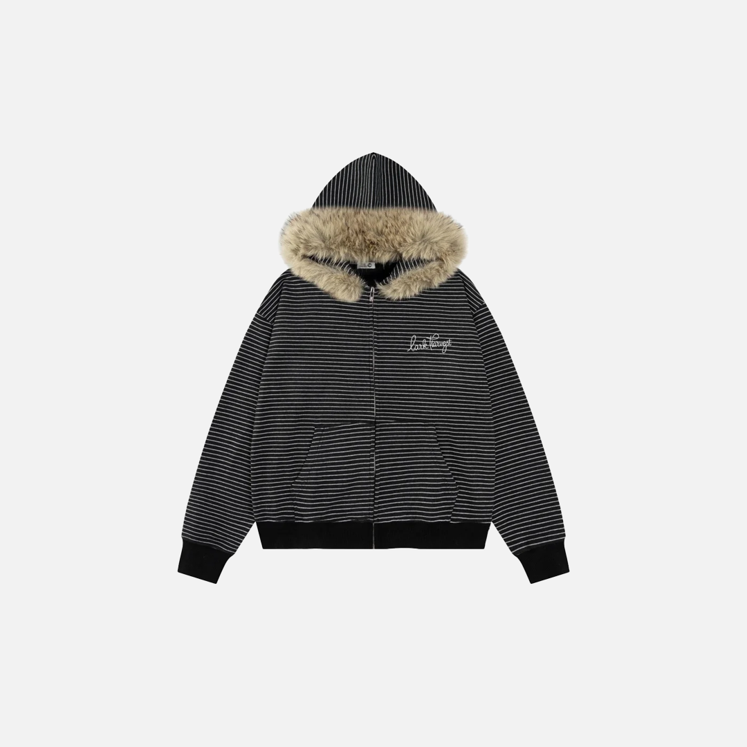 Kuscheliger, gestreifter Fleece-Kapuzenpullover aus Kunstpelz