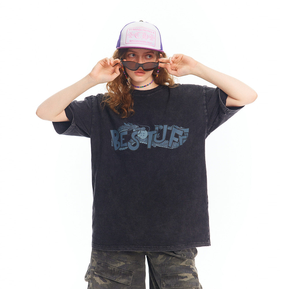 Vintage-T-Shirt mit Drachenprint und kurzen Ärmeln