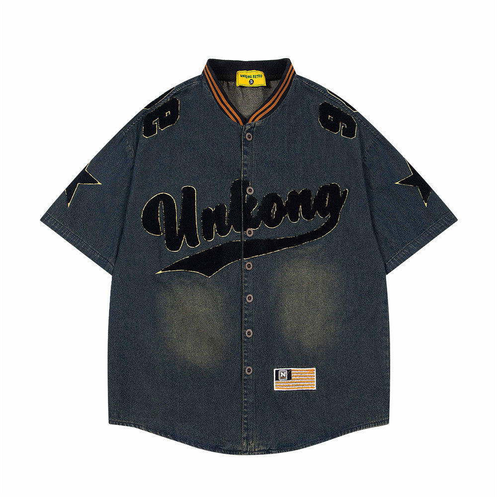 Chemise vintage en jean brodé à manches courtes