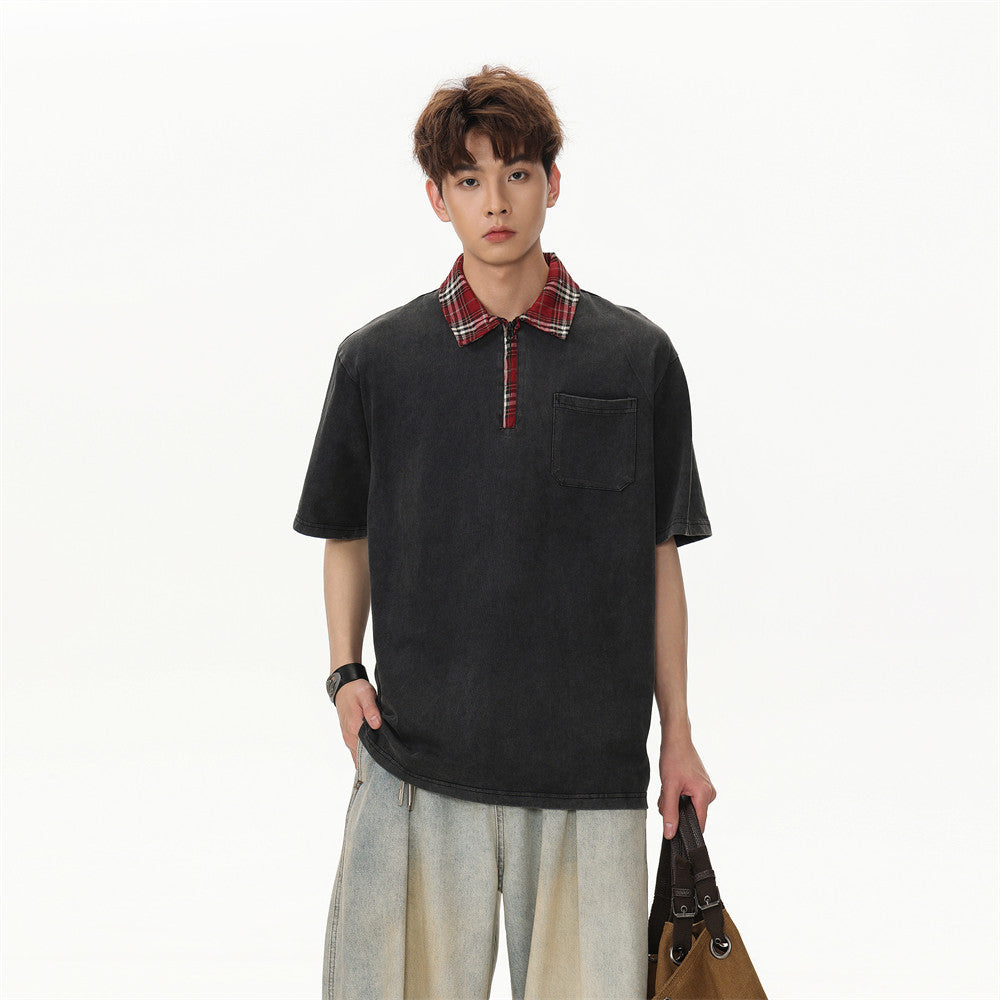 Casual Plaid Summer Half-Zip Polo T-Shirt
