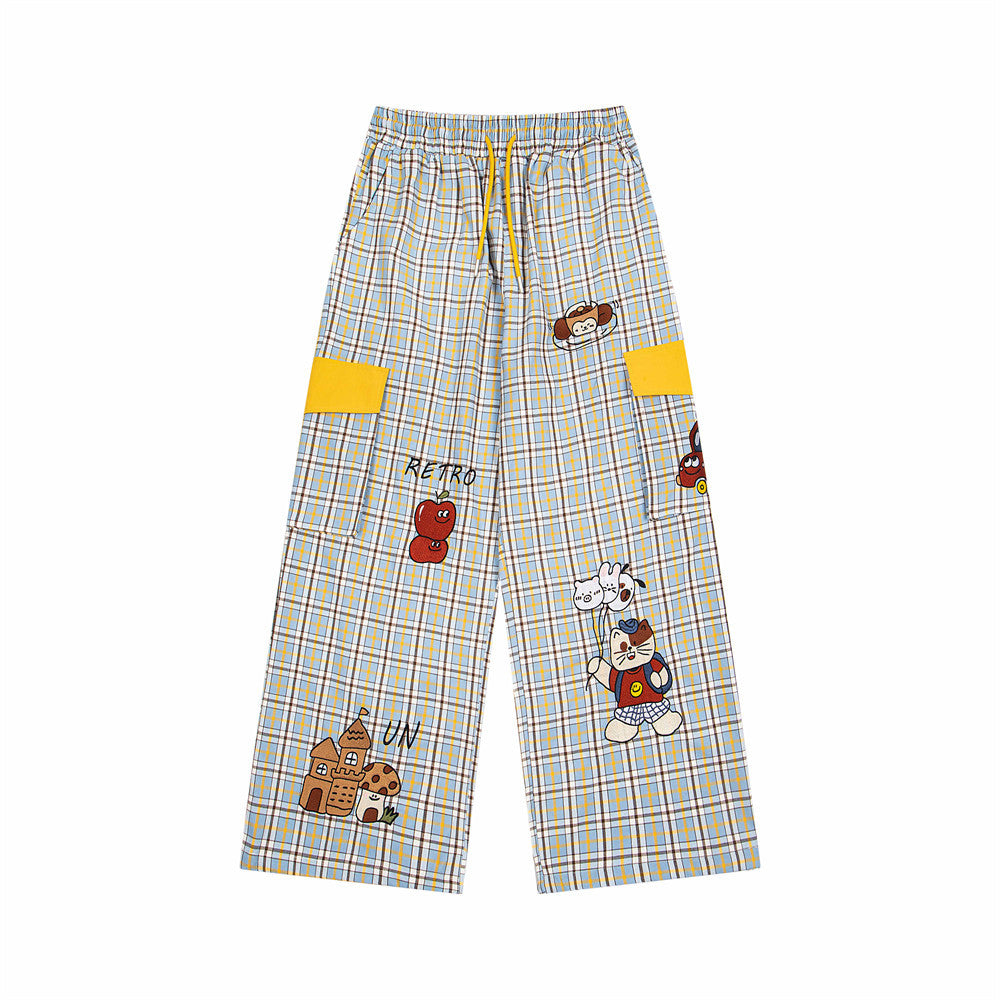Pantalon large à carreaux brodé de motifs de dessins animés décontractés