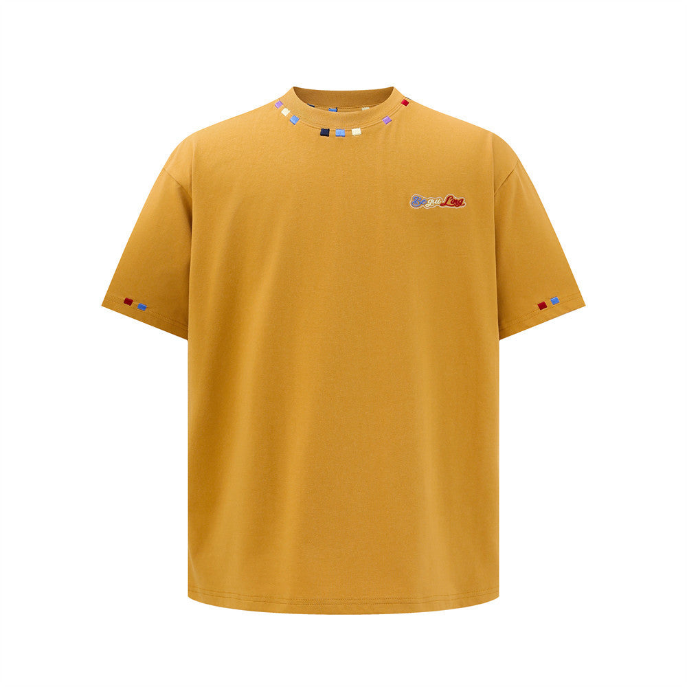 Trendiges T-Shirt mit Farbblock-Stickerei und Rundhalsausschnitt