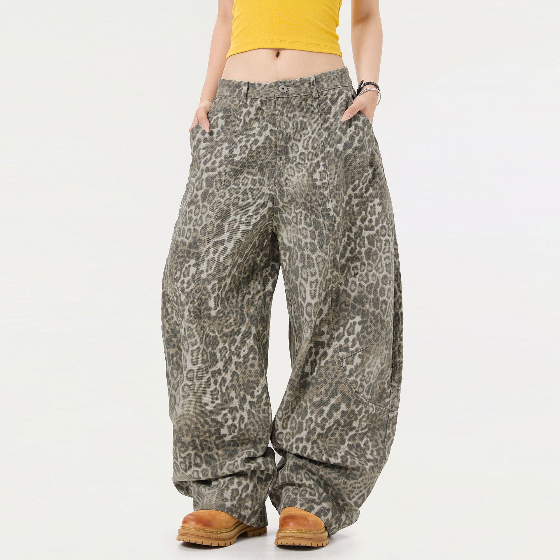 Atmungsaktive Hip-Hop-Hose mit Leopardenmuster und weitem Bein