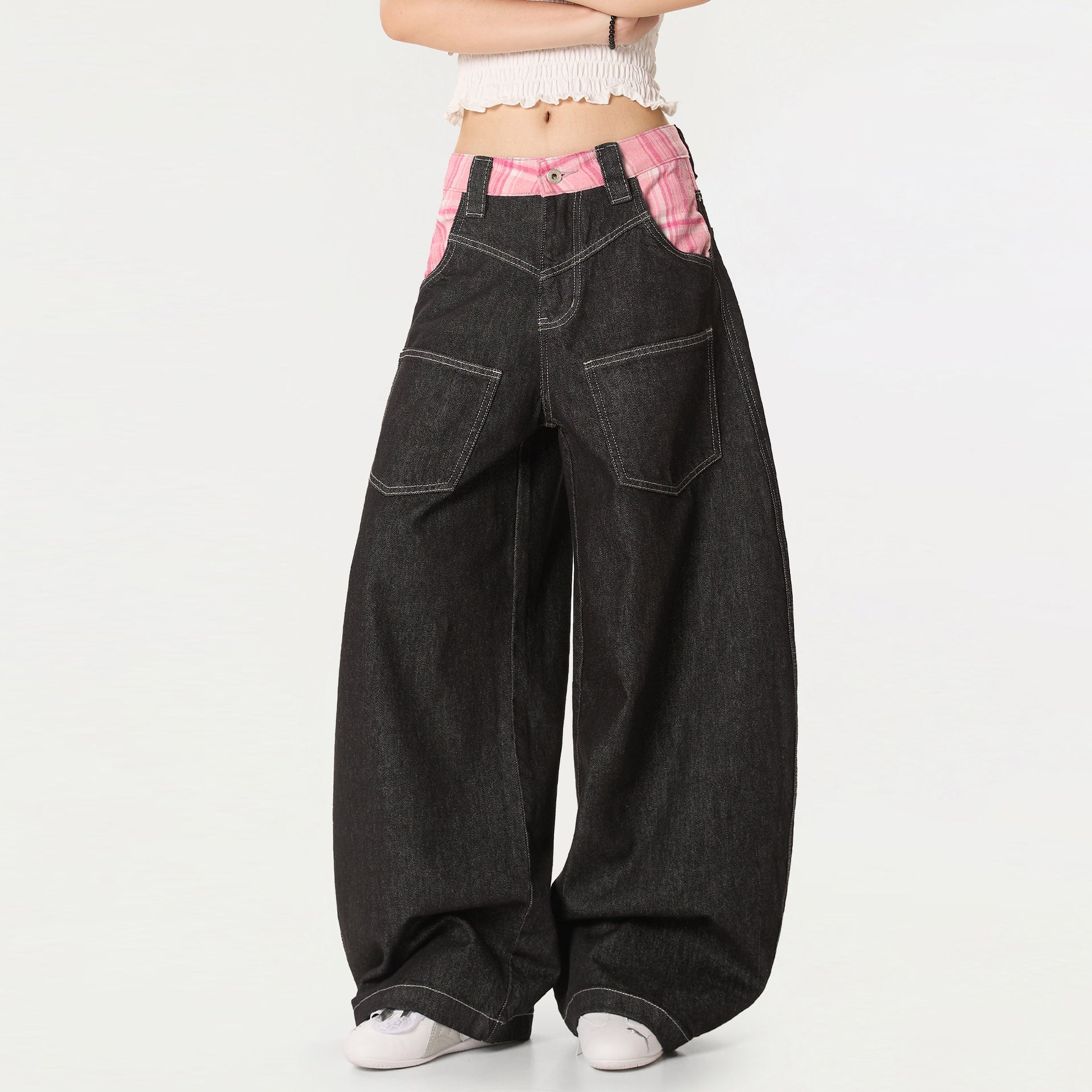 Y2K Styled Plaid Patchwork Wide Leg Baggy Jeans