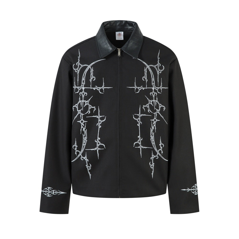Herrenjacke aus dunklem PU-Leder mit Blumenmuster