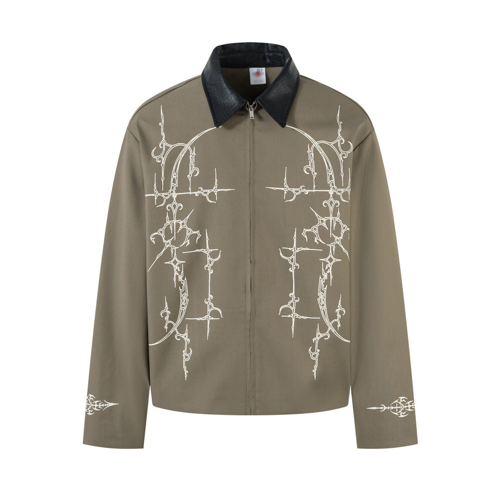 Herrenjacke aus dunklem PU-Leder mit Blumenmuster