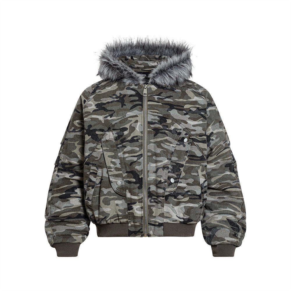 Veste en jean déstructurée à col en fourrure camouflage
