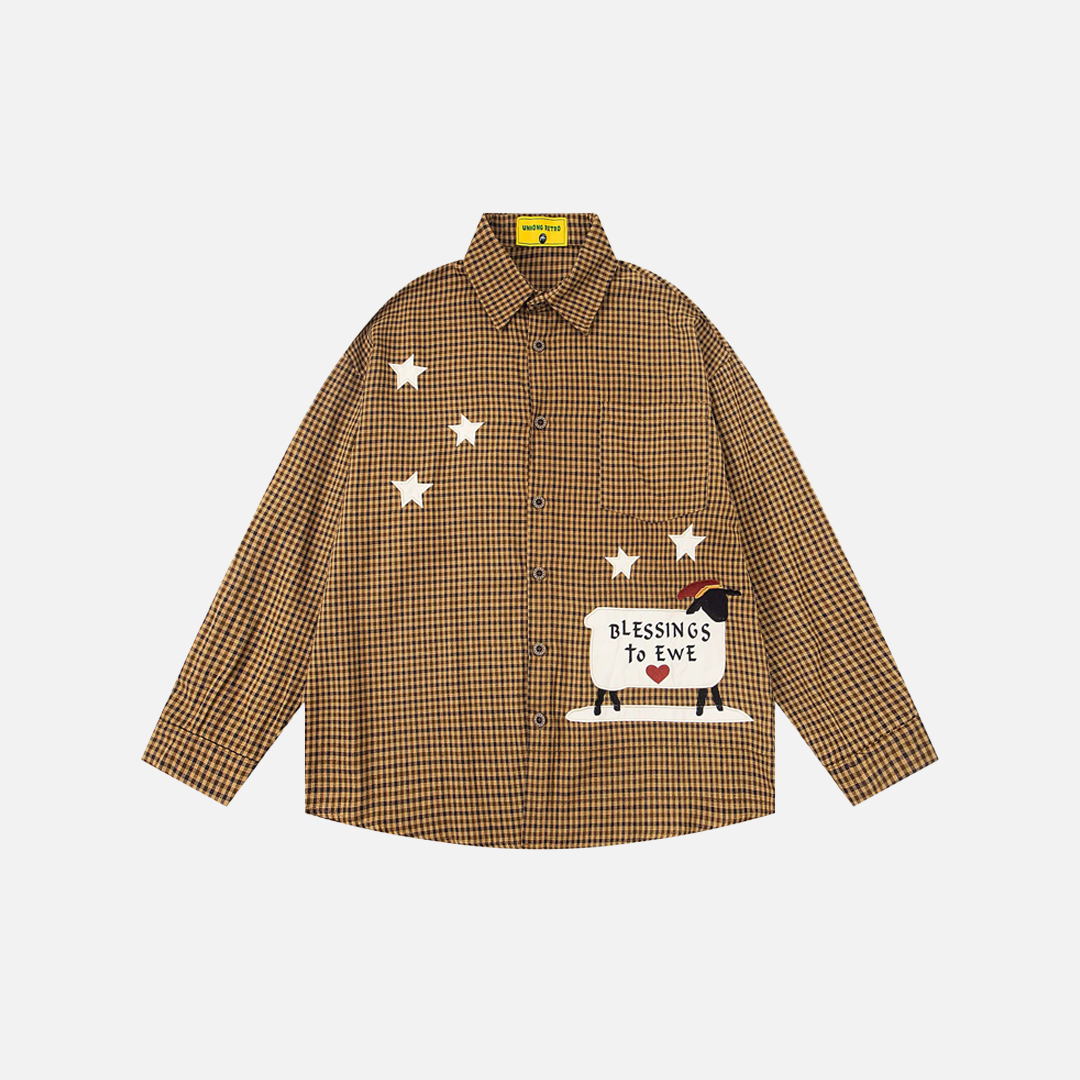 Chemise hip-hop à manches longues brodée de moutons à carreaux