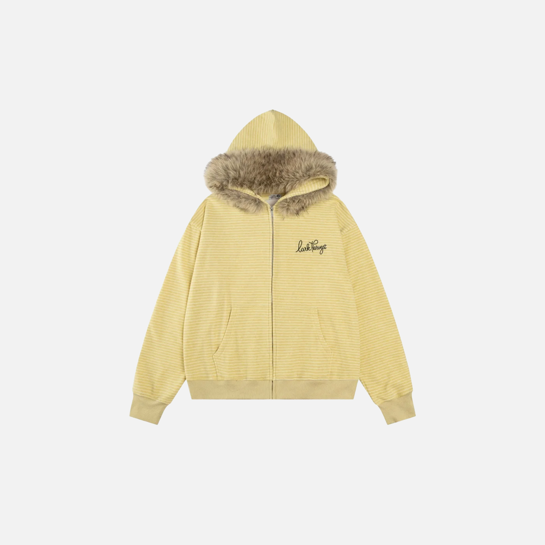 Kuscheliger, gestreifter Fleece-Kapuzenpullover aus Kunstpelz
