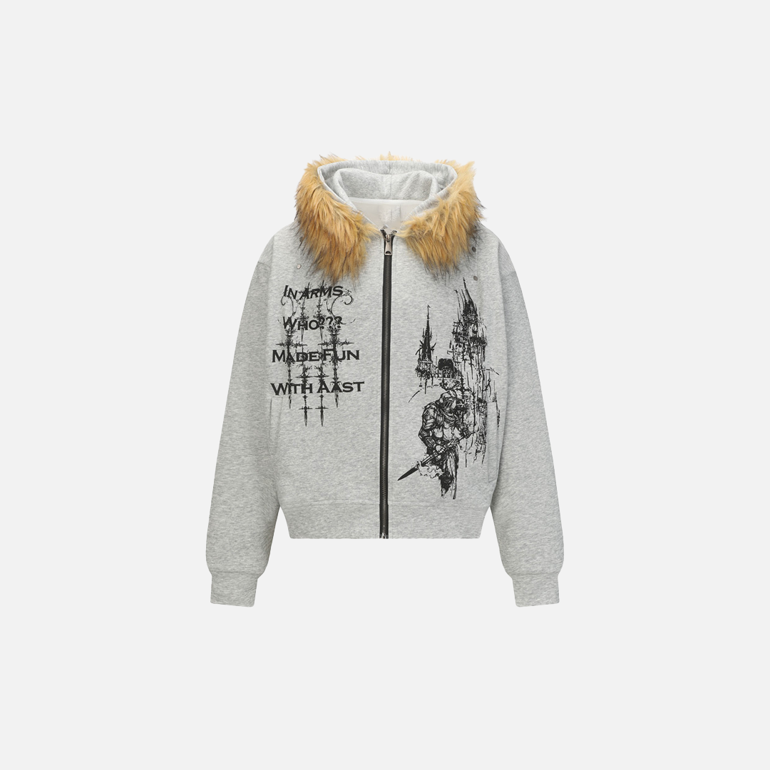 Y2K Graffiti-Print Kapuzenpullover mit Reißverschluss und Kunstpelz