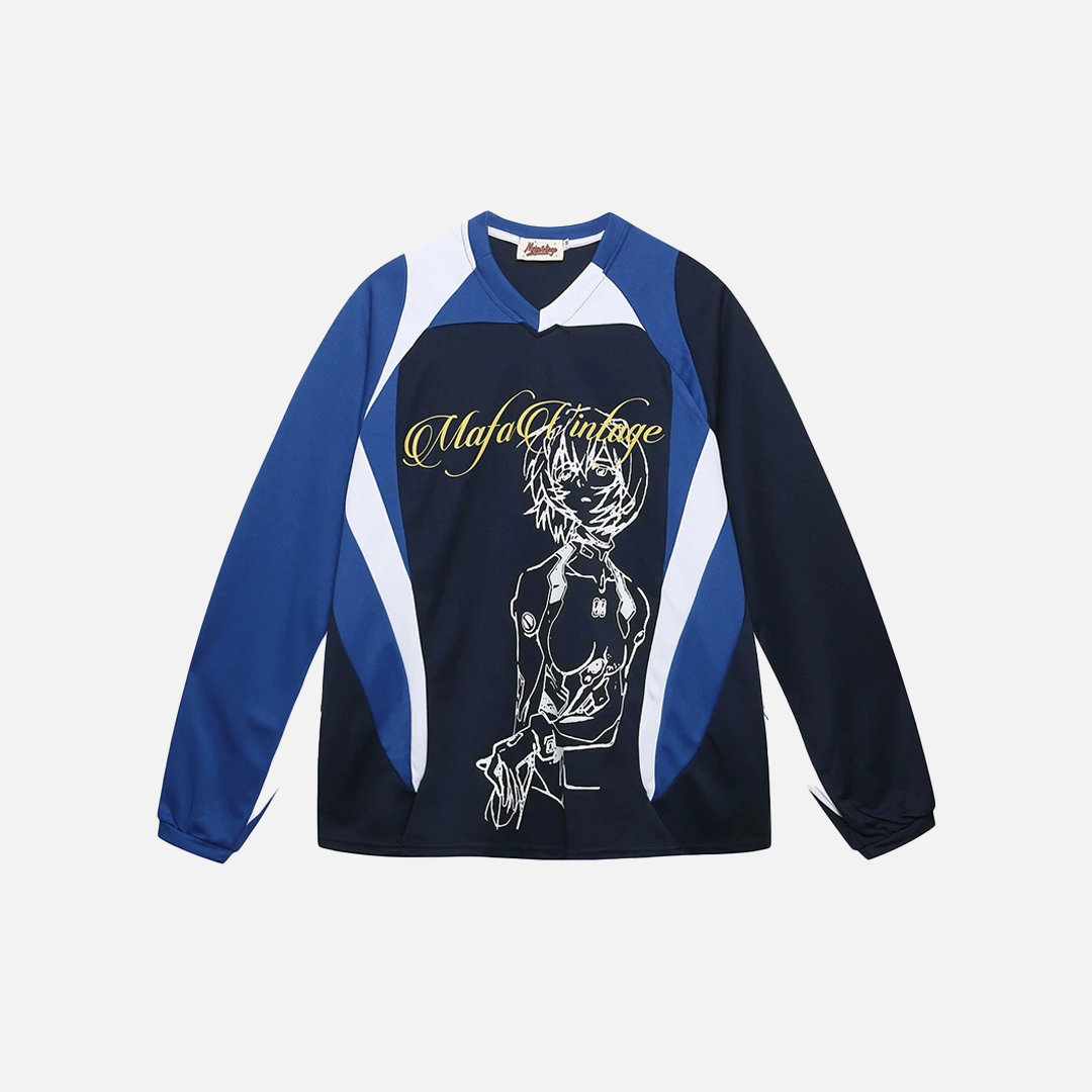 Y2K Langarm-T-Shirt mit buntem Cartoon-Print und V-Ausschnitt