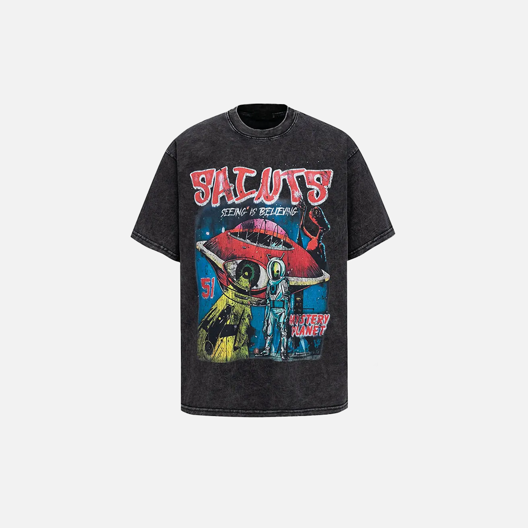 Schwarzes Vintage-T-Shirt mit UFO- und Alien-Motiv