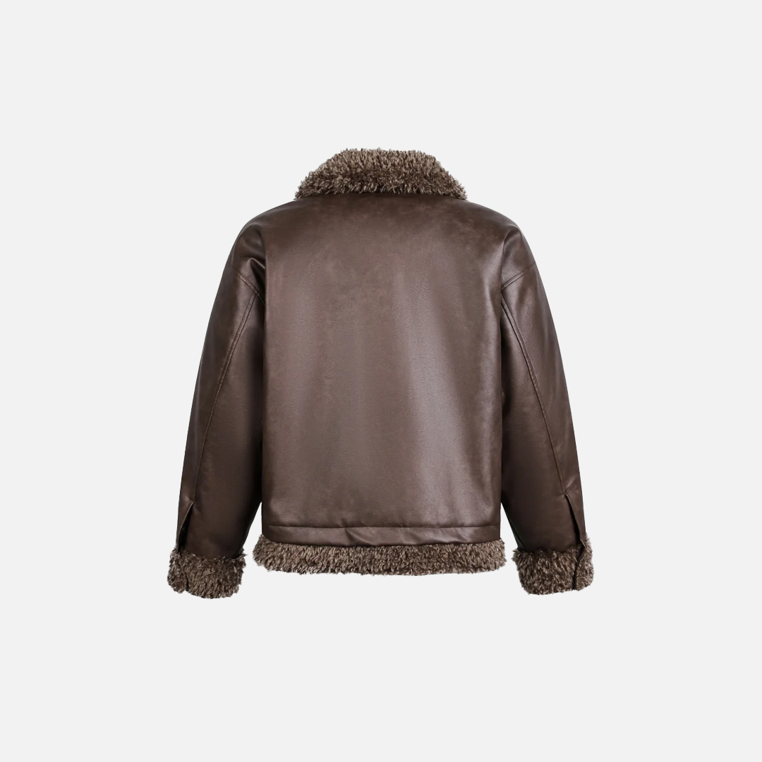Veste en cuir à col en fourrure sherpa rétro, style streetwear