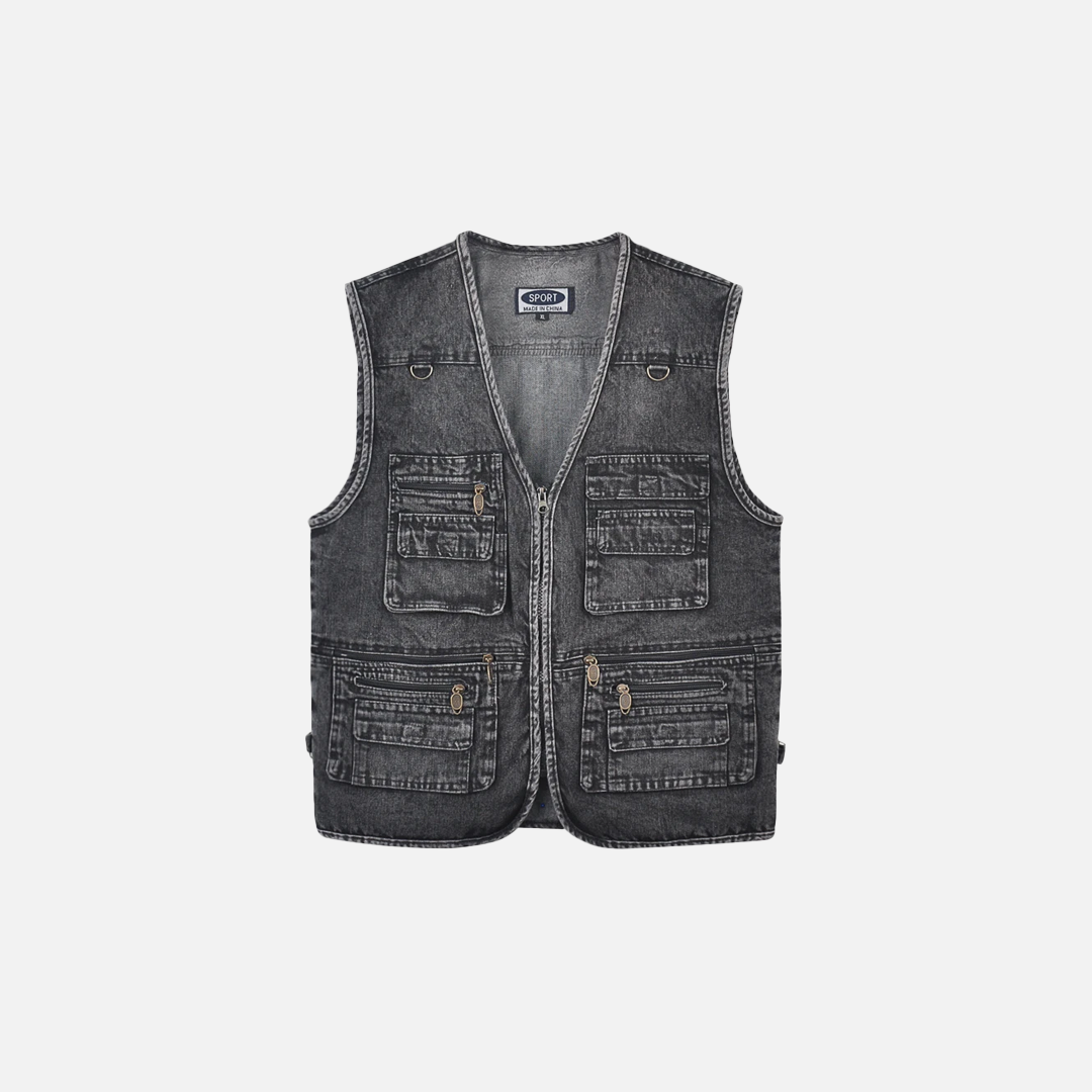 Gilet en jean style pêcheur à col en V et poches multiples