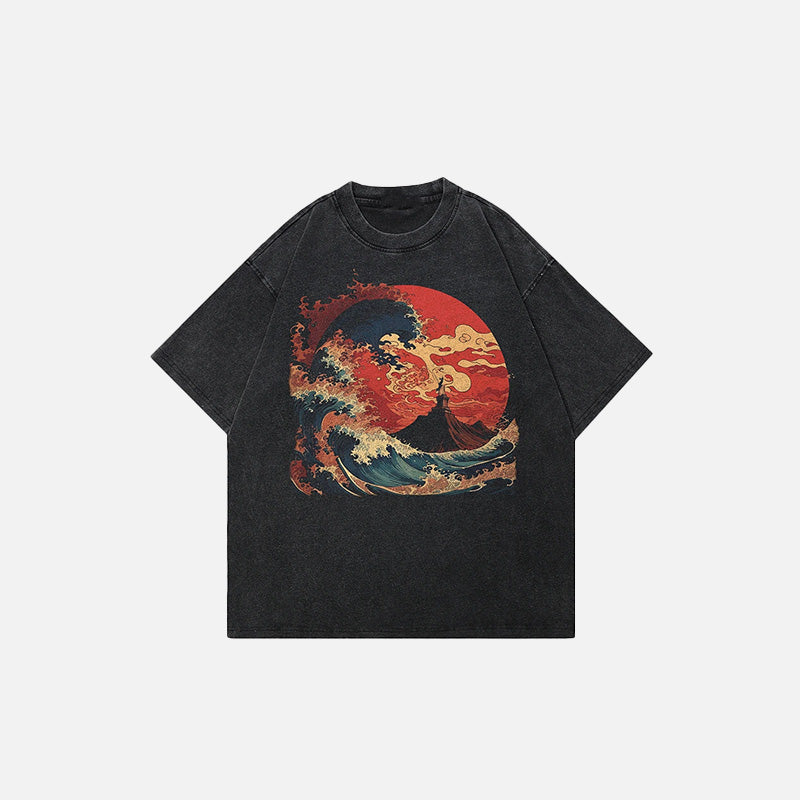 T-Shirt mit Sonnengrafik „Große Welle“