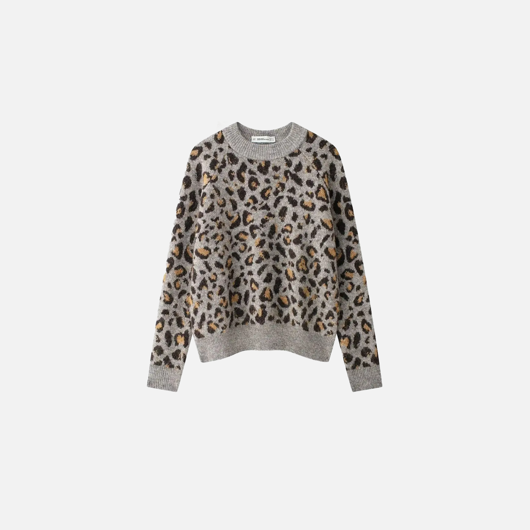 Leopardenmuster-Strickpullover, lässig, kurz geschnitten