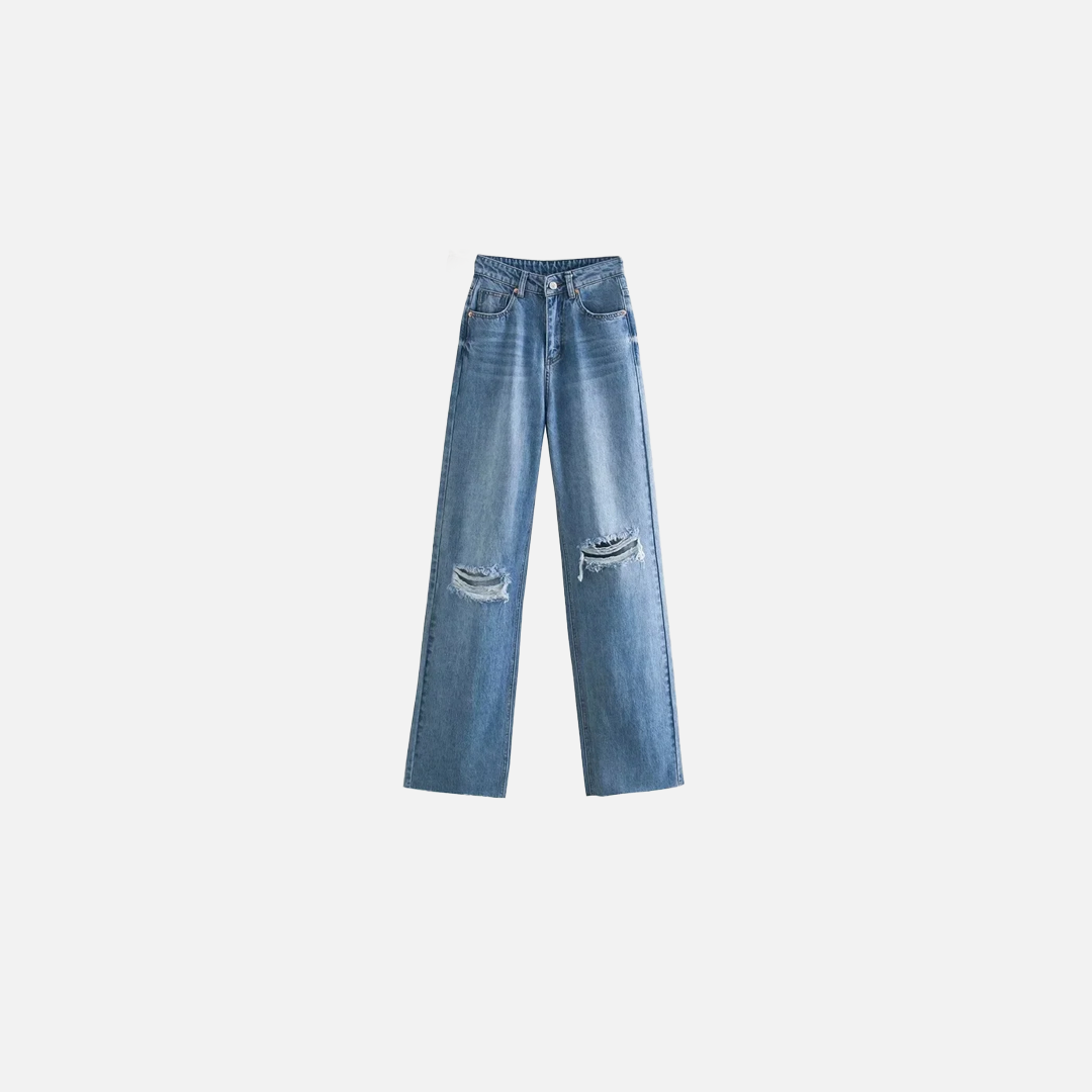 Hochgeschnittene, zerrissene blaue Jeans