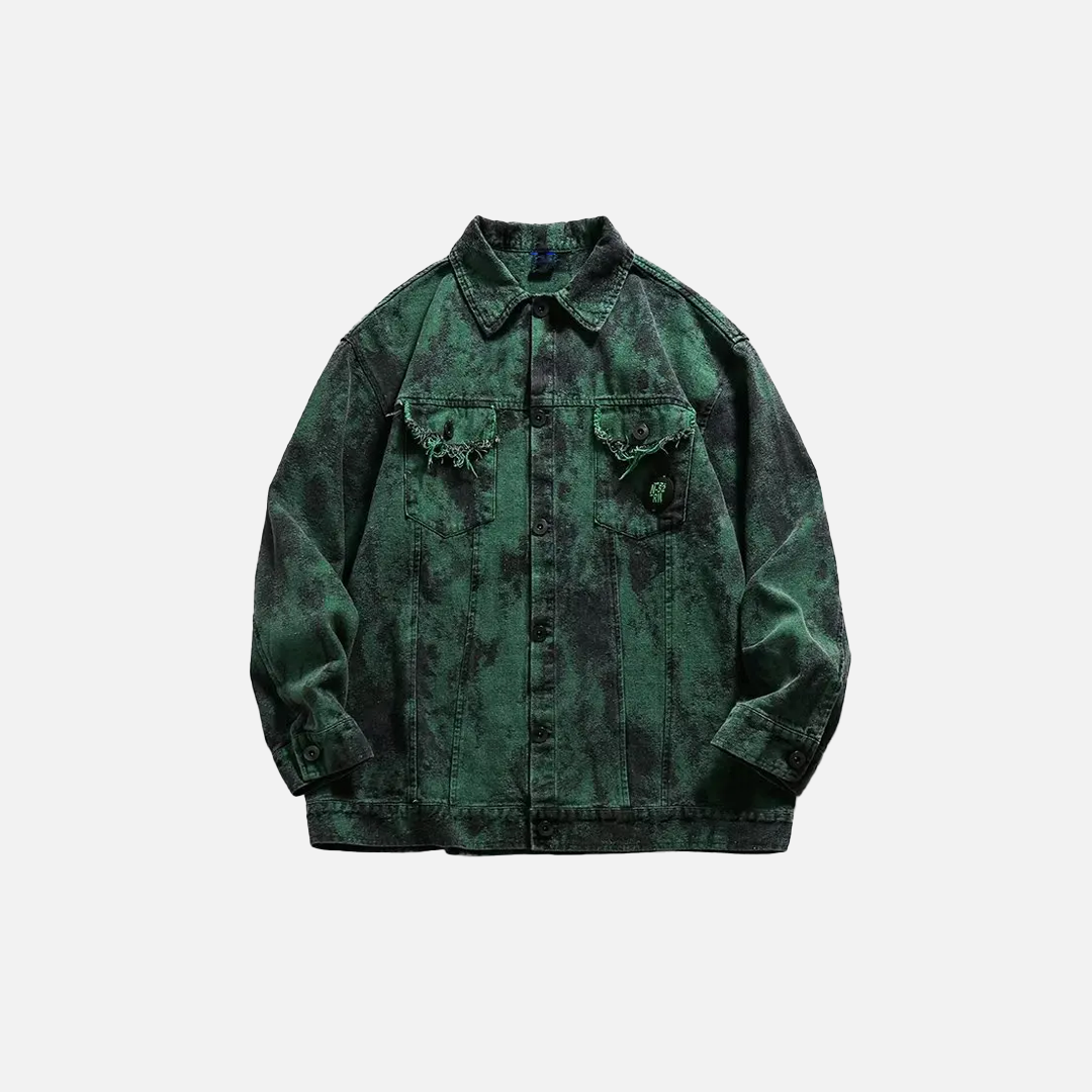 Veste en jean tie-dye verte résistante et déchirée