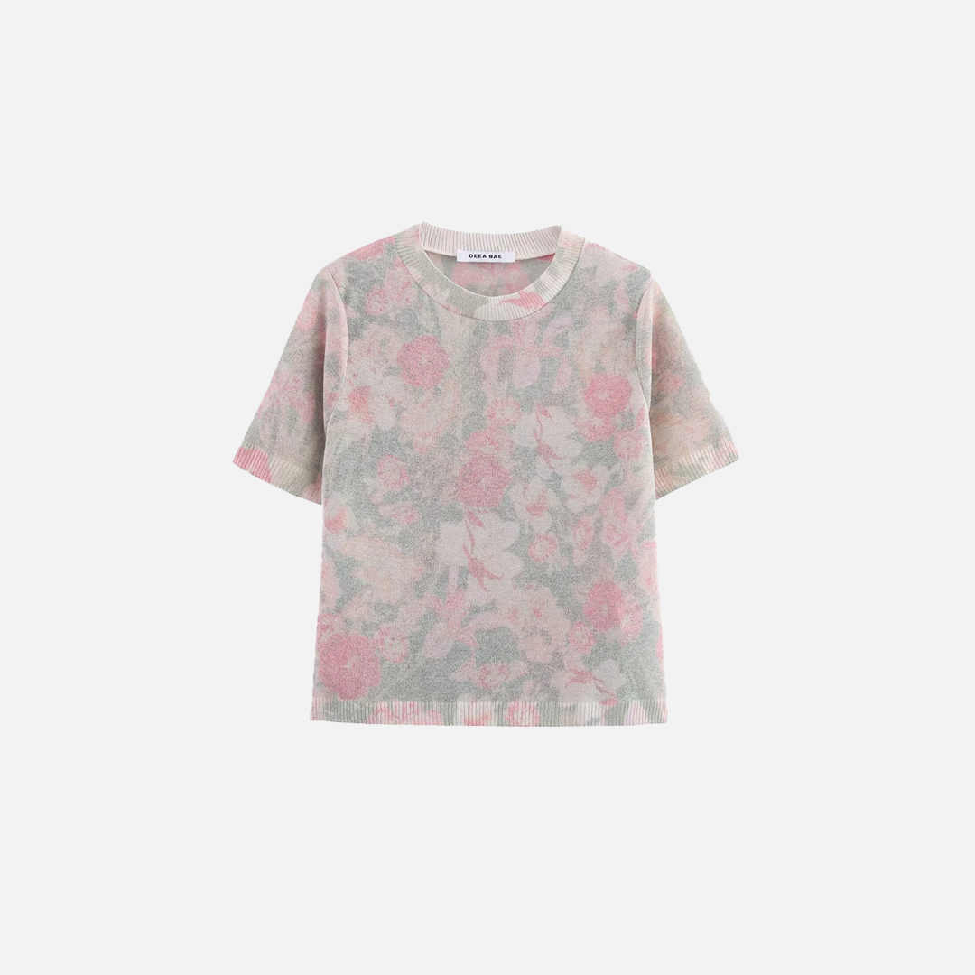T-shirt tricoté imprimé de fleurs style champêtre