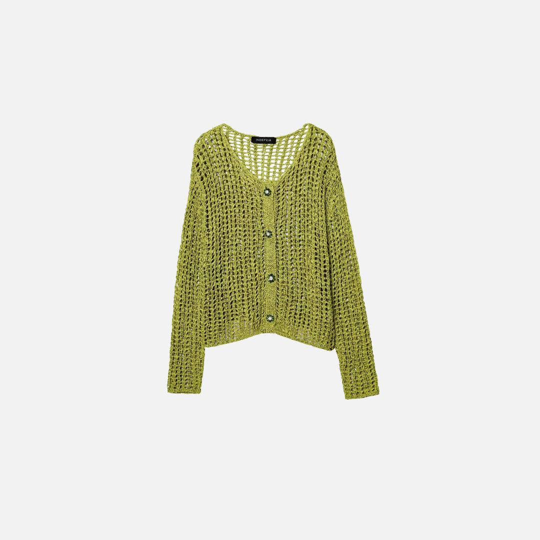 Grüner Strickcardigan mit V-Ausschnitt und Netzverzierungen