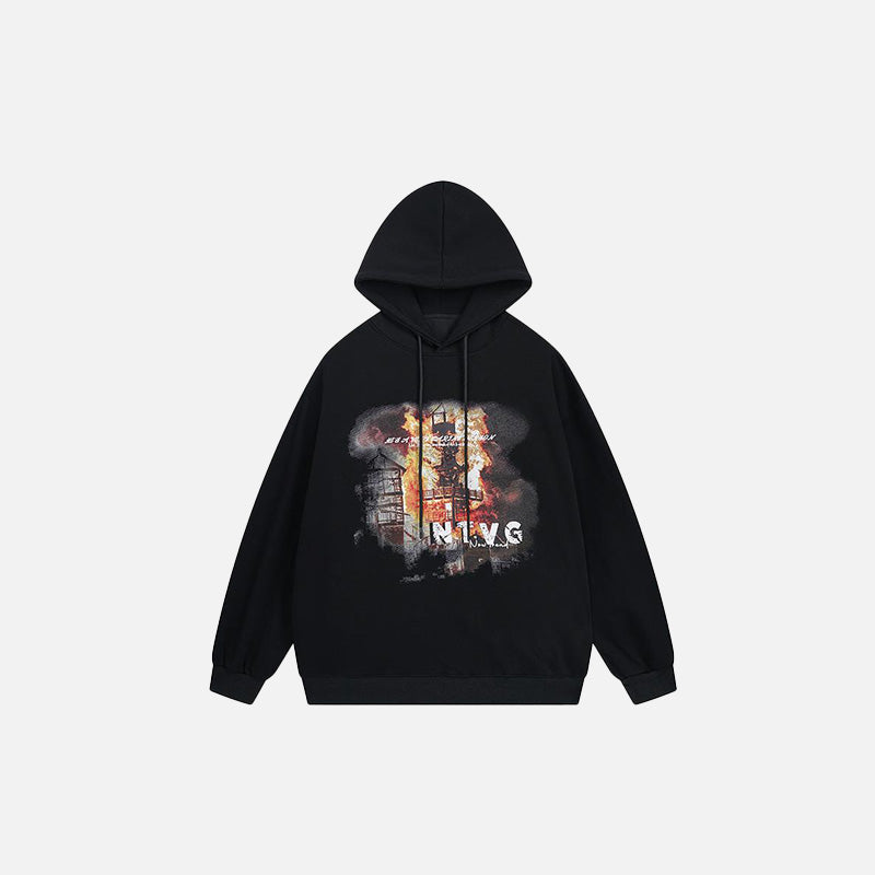 Hoodie mit Motiv eines brennenden Gebäudes