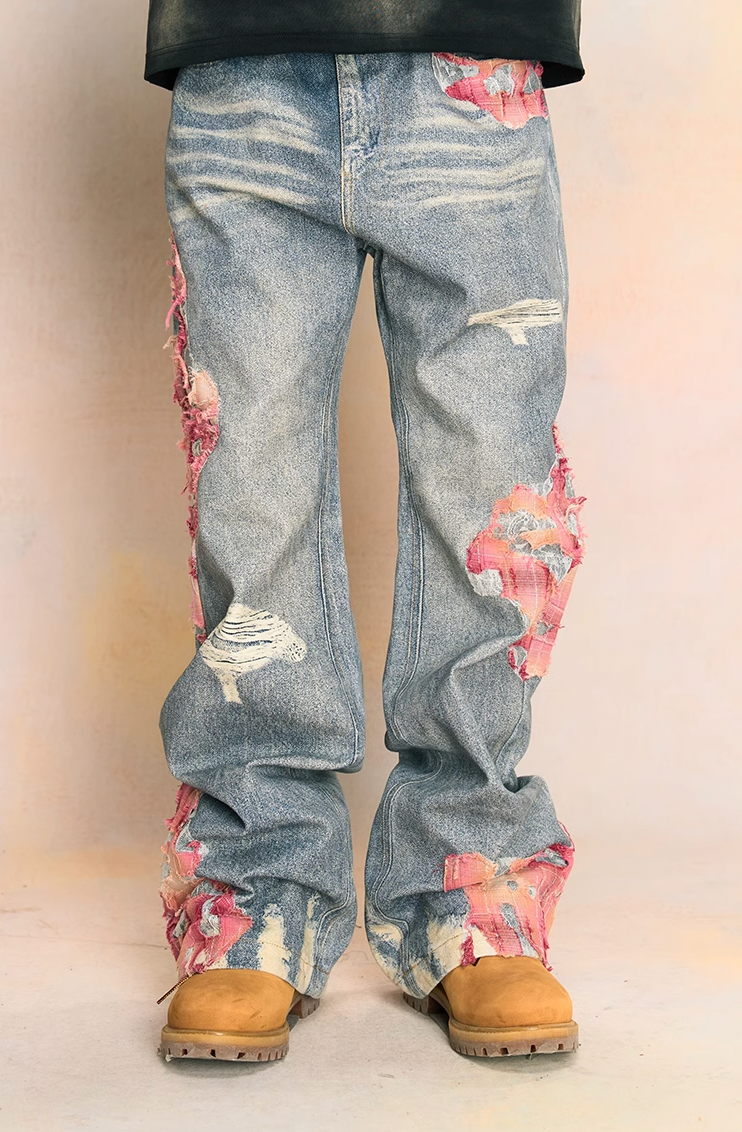 YADcrew Lace-Embroidered Wide-Leg Jeans