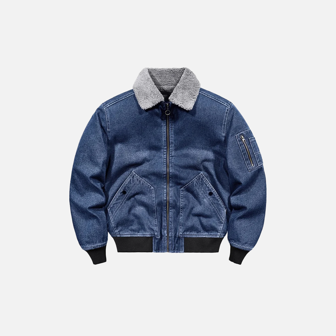 Fleece-Jeansjacke mit dickem Umlegekragen und Pelzbesatz