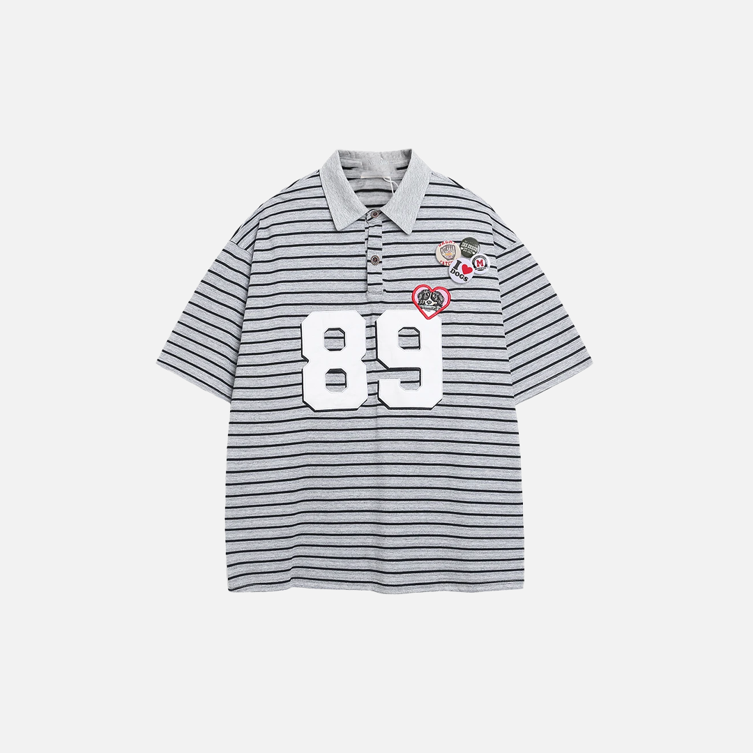 Casual Striped Polo with Badge Short Sleeve T-Shirt