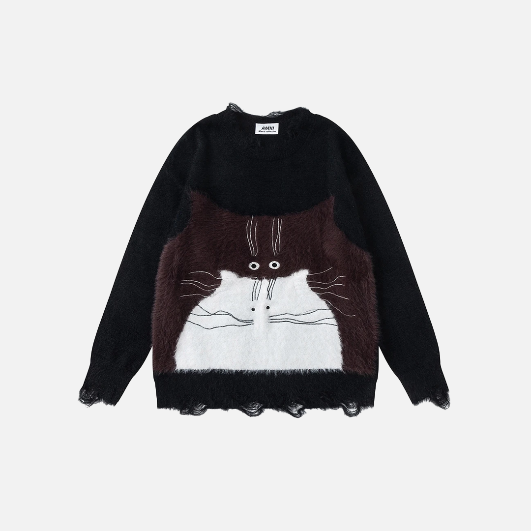 Pull en maille oversize chic à motif chat pour femme