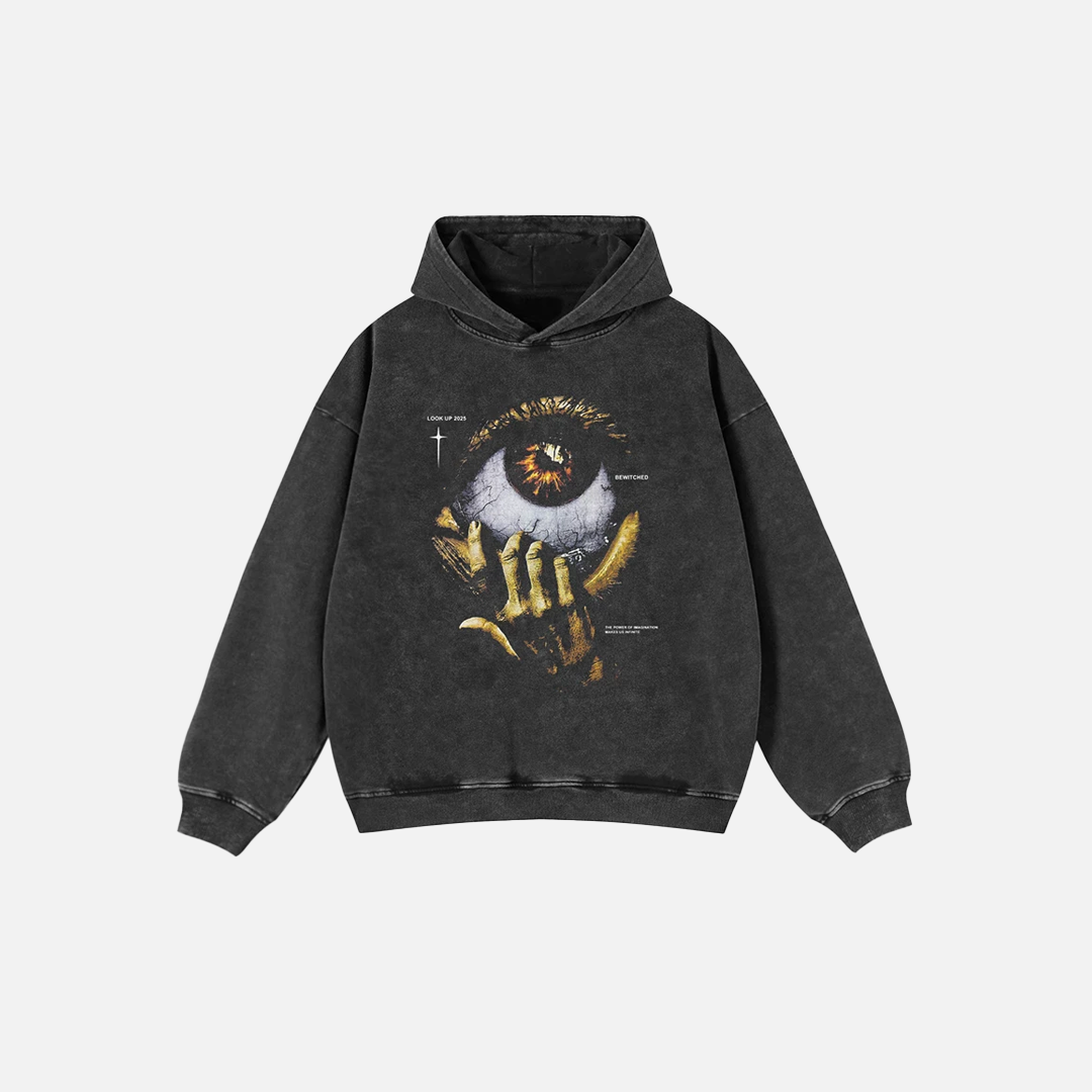 Oversized Hoodie mit verwaschenem, schwarzem Evil Eye-Motiv