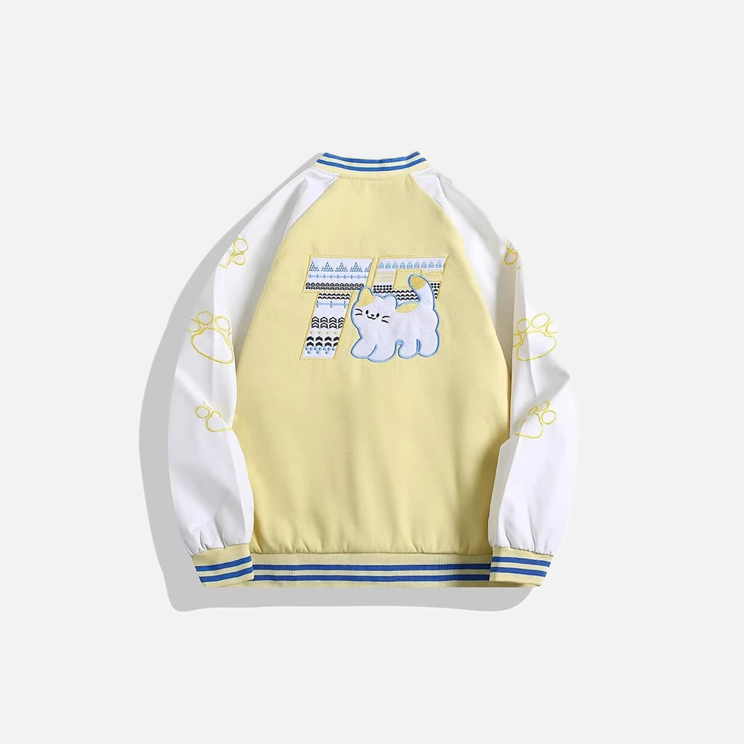 Veste universitaire de baseball brodée avec un chat de dessin animé
