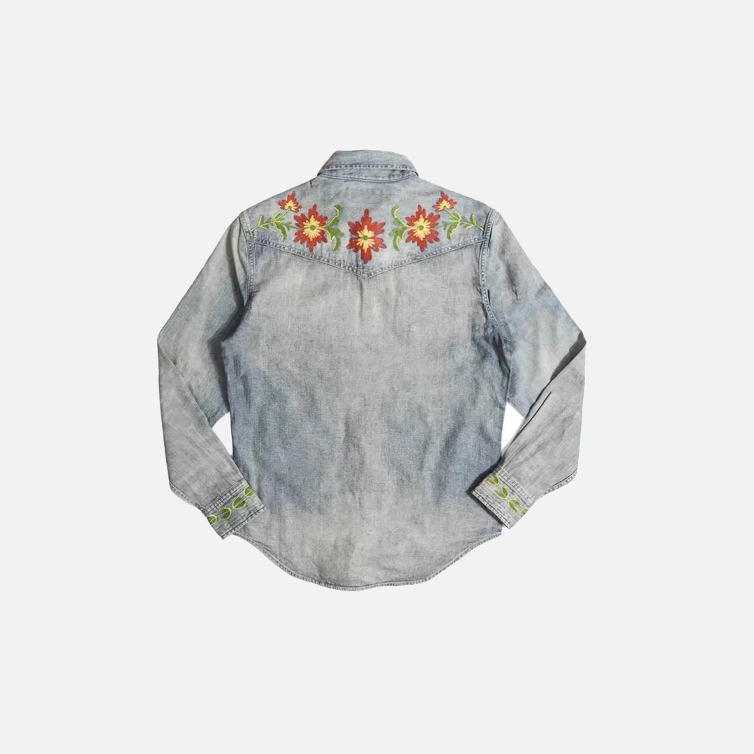 Langarmhemd aus gewaschenem, besticktem Denim mit Blumenmuster