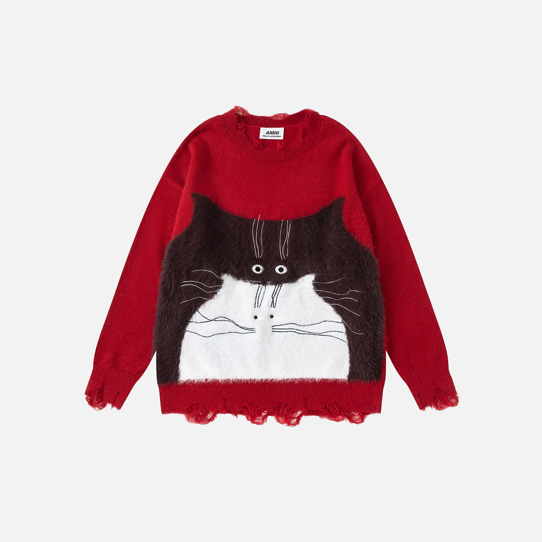 Pull en maille oversize chic à motif chat pour femme