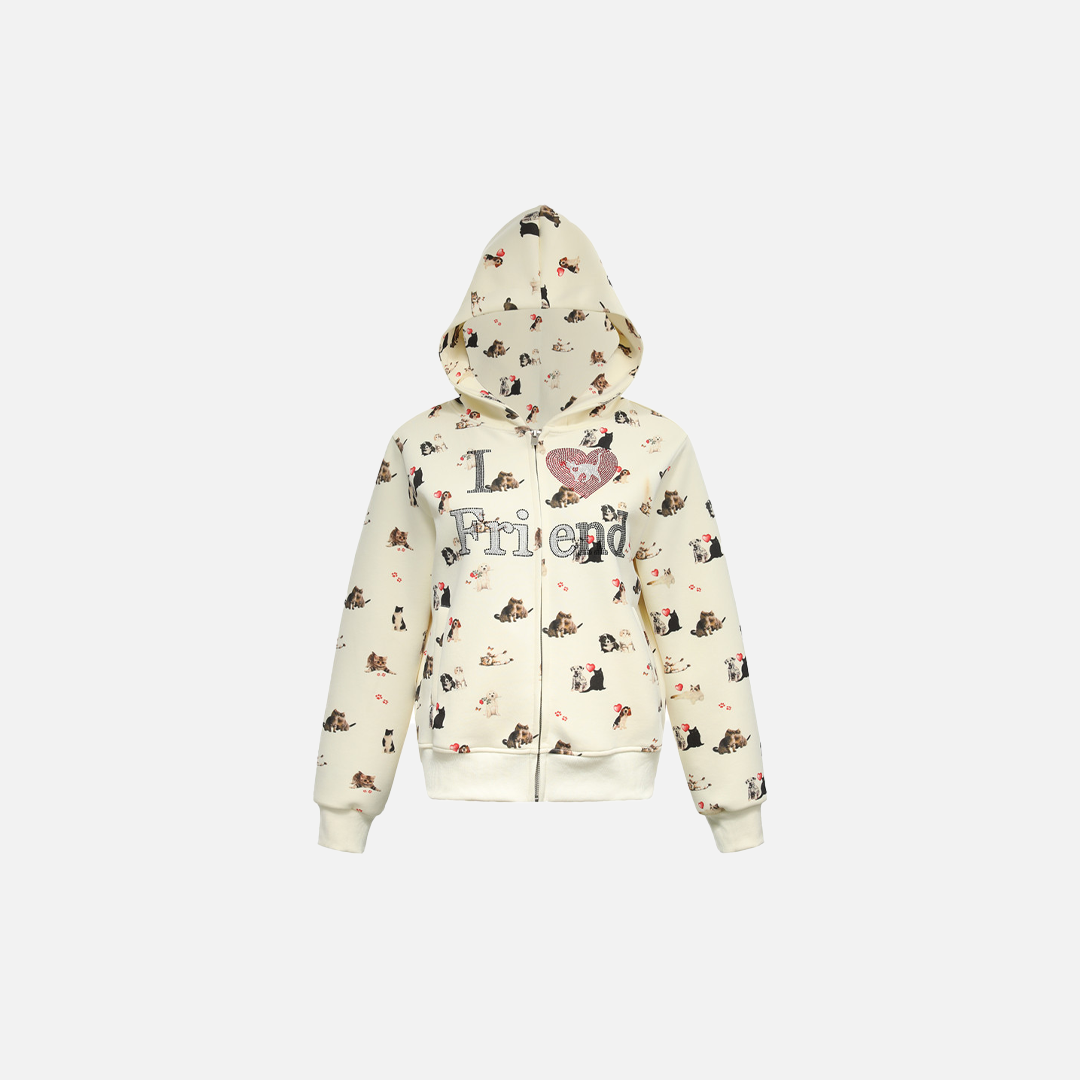 Kapuzenpullover mit verspieltem Tiermotiv und Reißverschluss