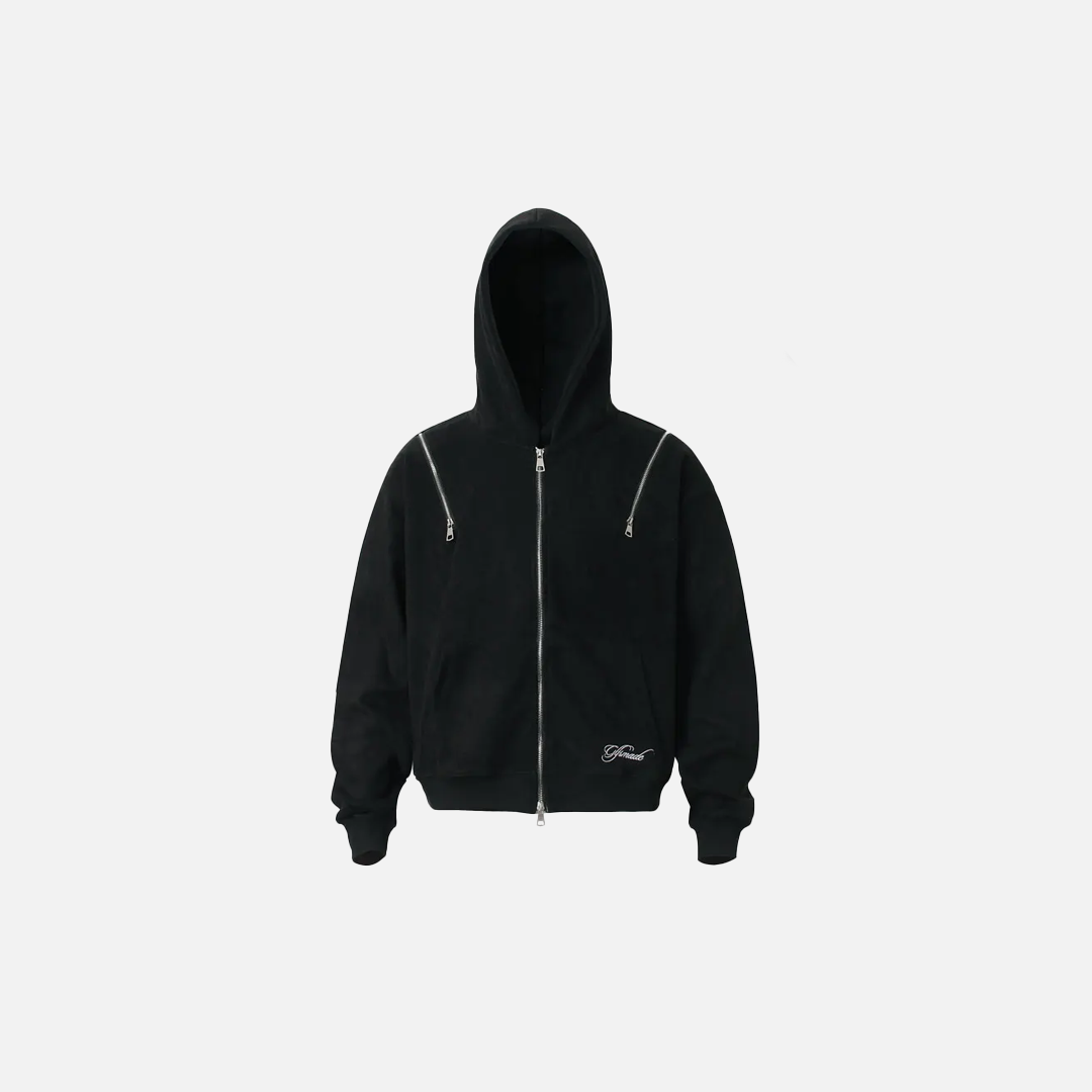 Atmungsaktives Wildleder-Kapuzensweatshirt mit mehreren Reißverschlüssen