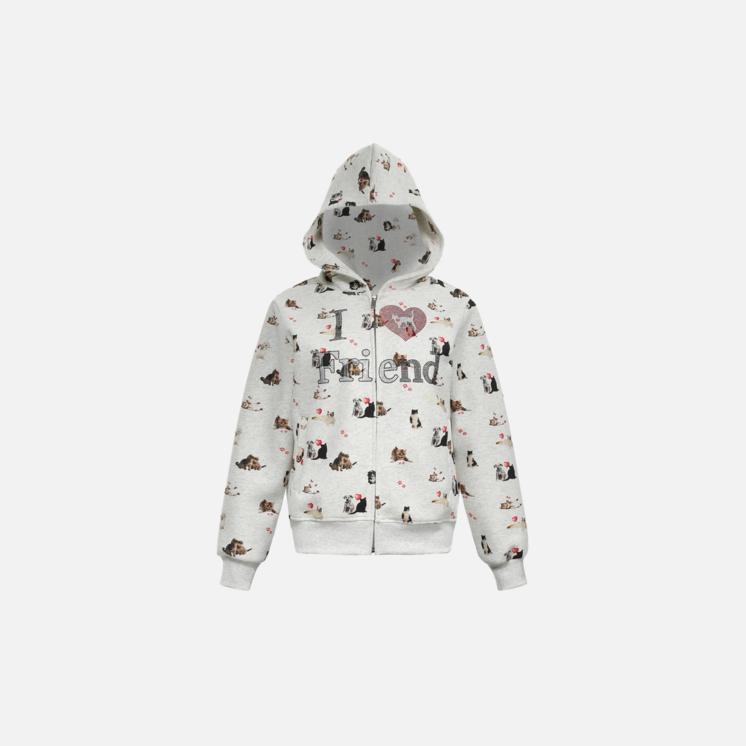 Kapuzenpullover mit verspieltem Tiermotiv und Reißverschluss