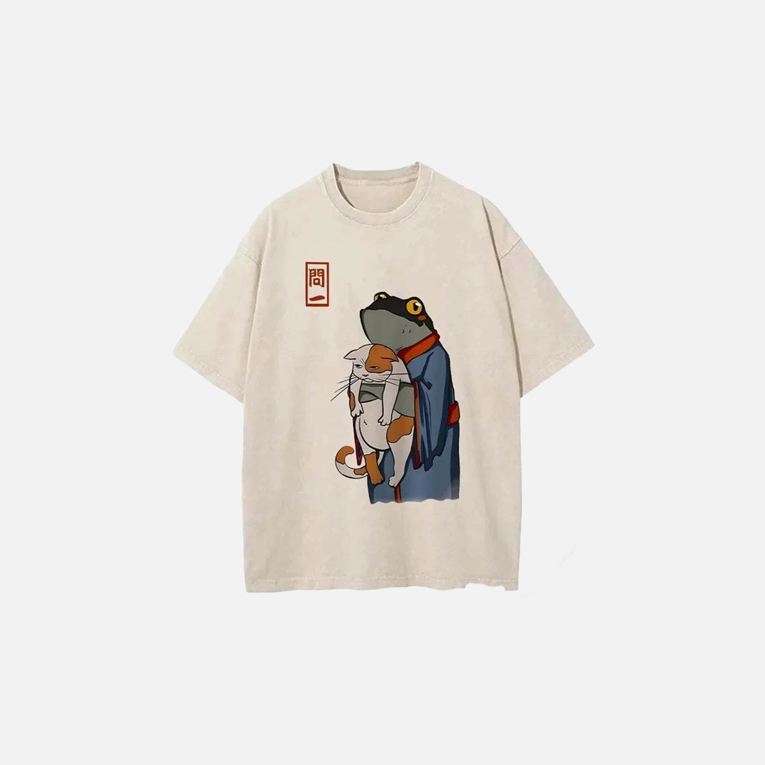 Froschkatzen-Grafik, gewaschenes T-Shirt