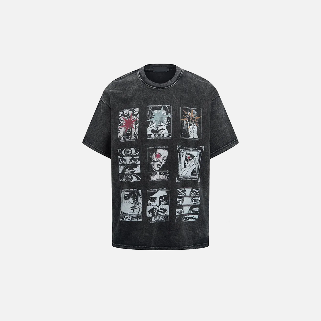 Gothic Eye Graphic Washed Black T-Shirt